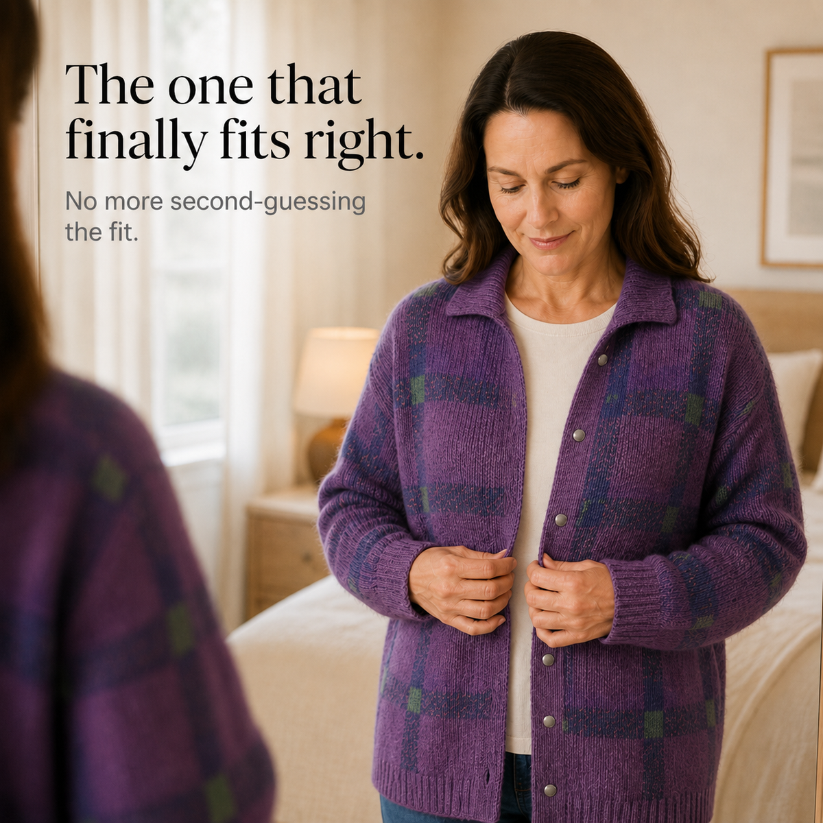Feature panel of the purple checked cardigan worn in a bedroom