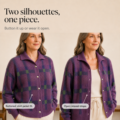 Feature panel showing the checked cardigan worn buttoned or open