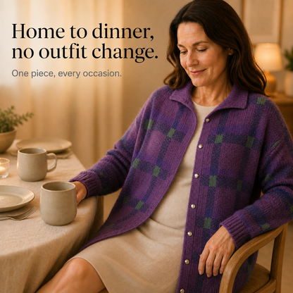 Feature panel of the purple checked cardigan worn at a dinner table