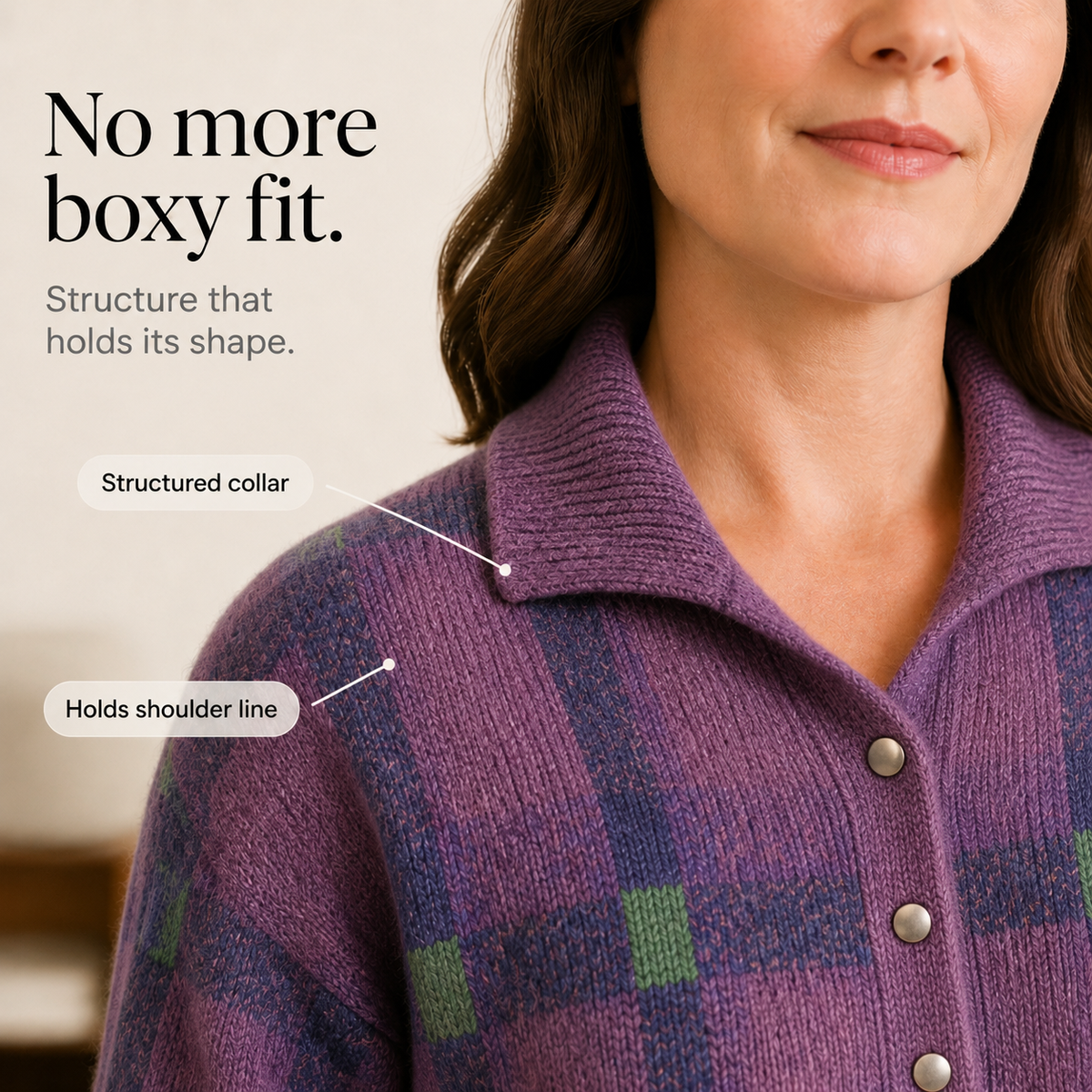 Feature panel showing the structured collar and shoulder line