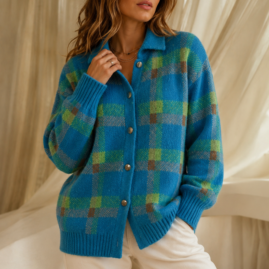 Turquoise checked knit cardigan with a collar and buttons