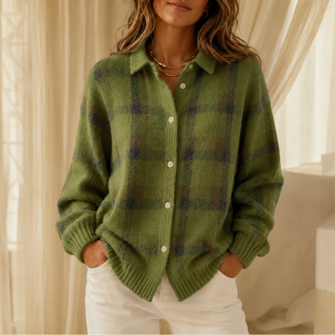 Green checked knit cardigan with a collar and pearl buttons