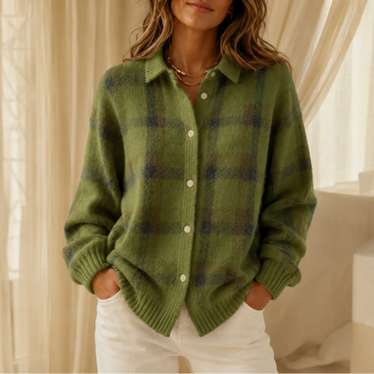 Green checked knit cardigan with a collar and pearl buttons