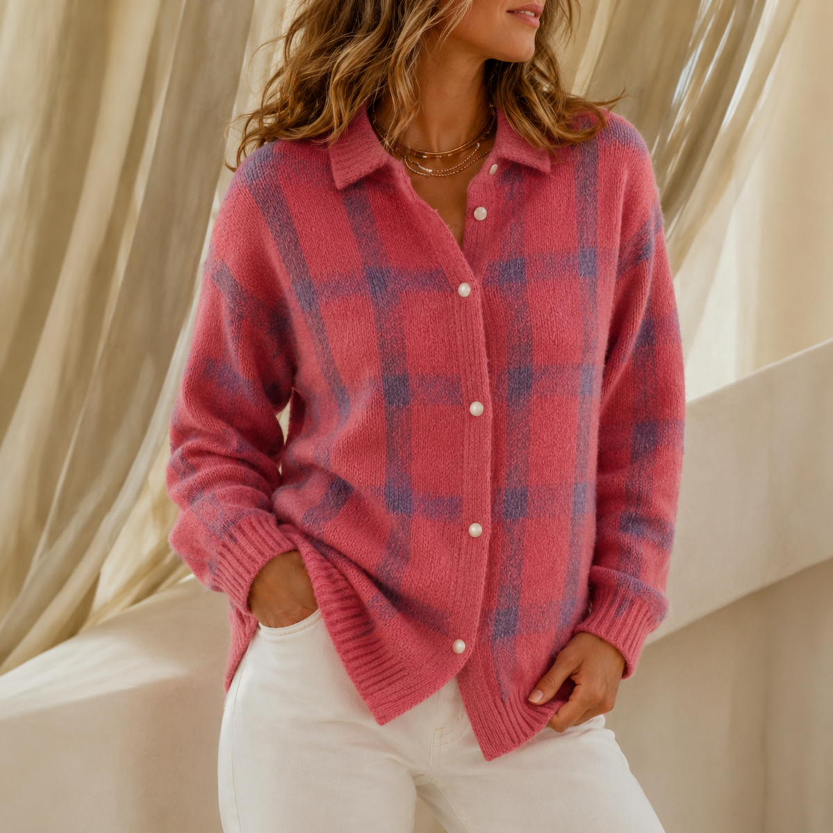 Pink checked knit cardigan with a collar and button front