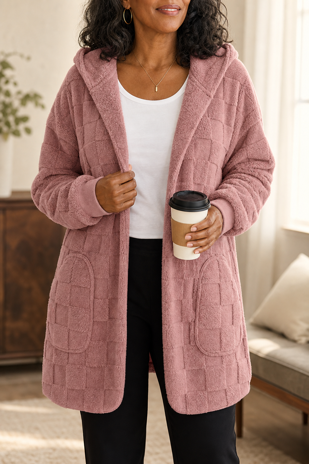 Woman with a coffee in a dusty pink plush hooded cardigan