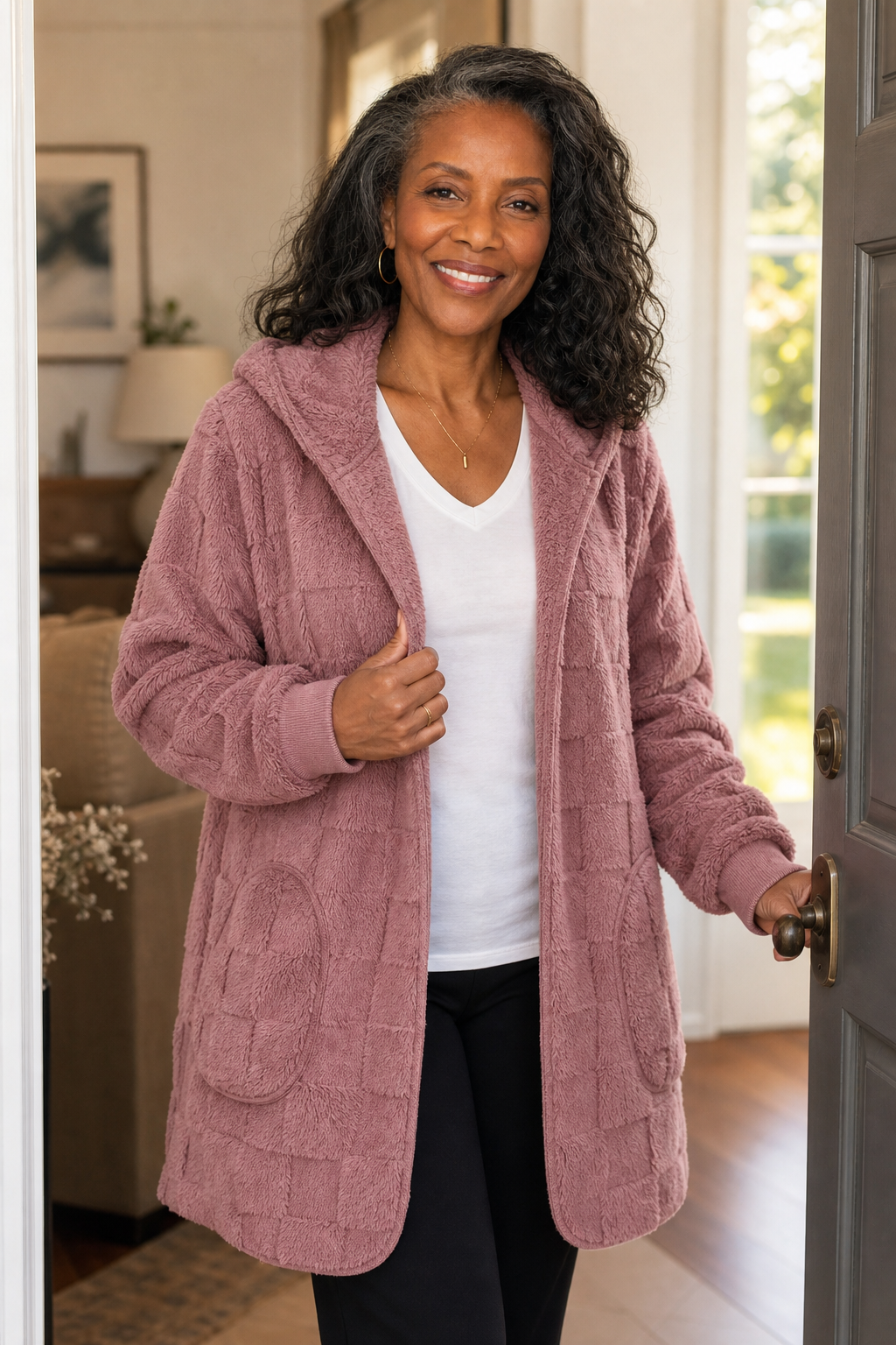 Dusty pink plush hooded cardigan worn in a doorway