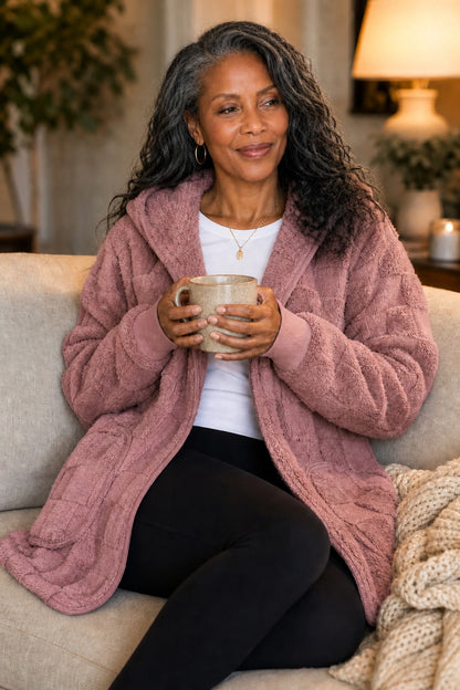 Woman on a sofa with a mug in a dusty pink plush cardigan