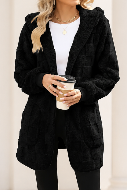 Black checkered plush hooded cardigan worn with leggings