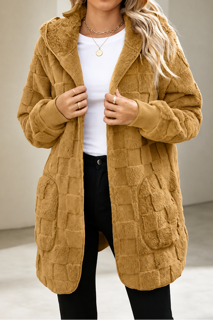 Mustard checkered plush hooded cardigan with patch pockets