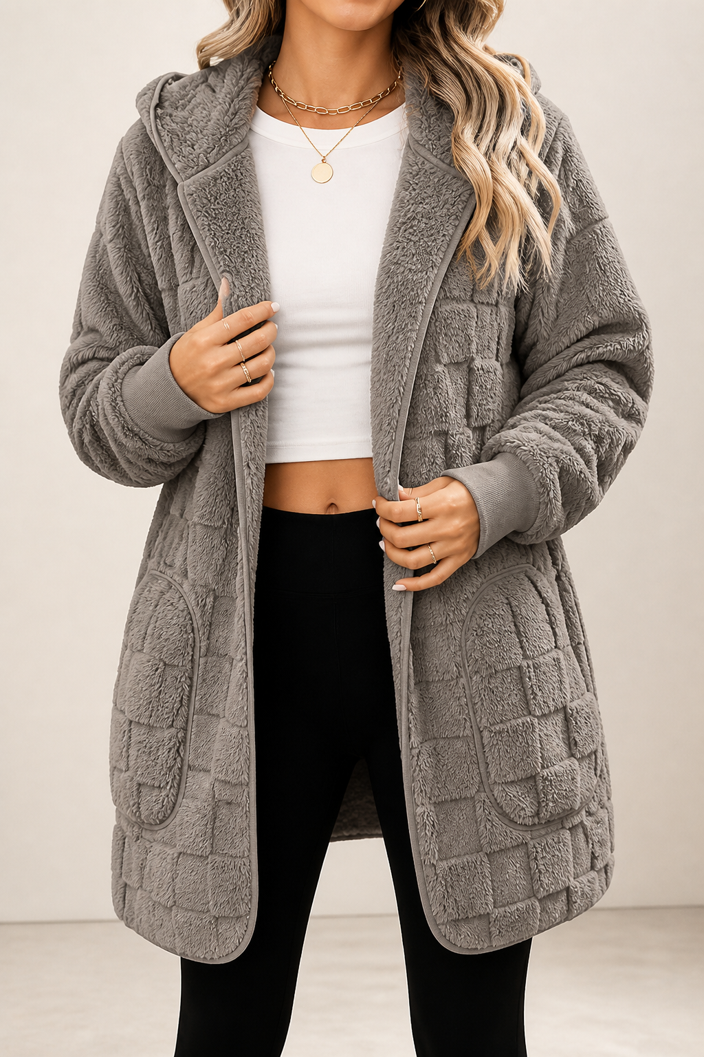 Grey checkered plush hooded cardigan with an open front