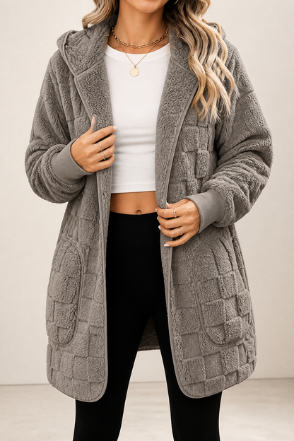 Grey checkered plush hooded cardigan with an open front