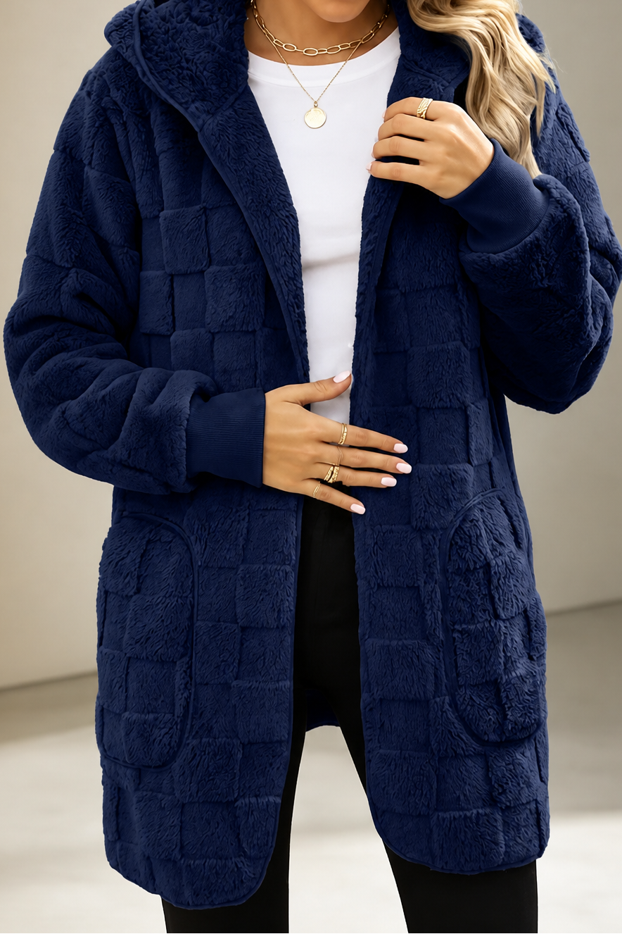 Navy checkered plush hooded cardigan with an open front