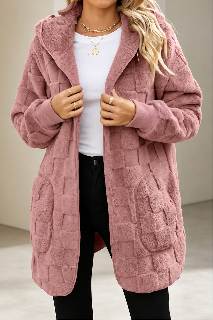 Dusty pink checkered plush hooded cardigan with patch pockets