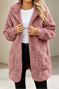 Dusty pink checkered plush hooded cardigan with patch pockets