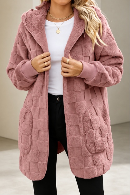 Dusty pink checkered plush hooded cardigan with patch pockets