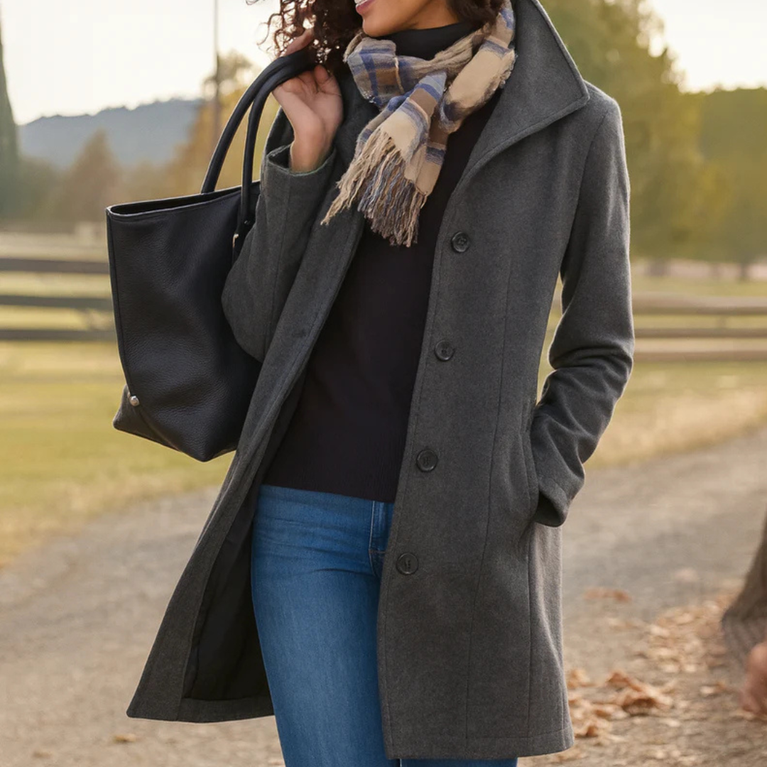 Charcoal button-front longline winter coat worn with jeans