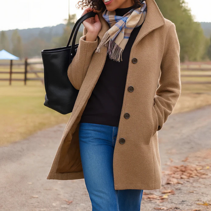 Camel button-front longline winter coat worn with jeans