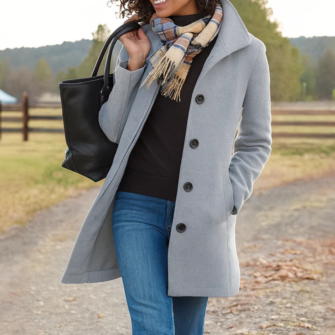 Light grey button-front longline winter coat worn with jeans