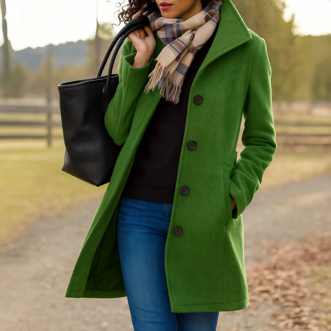 Green button-front longline winter coat worn with jeans