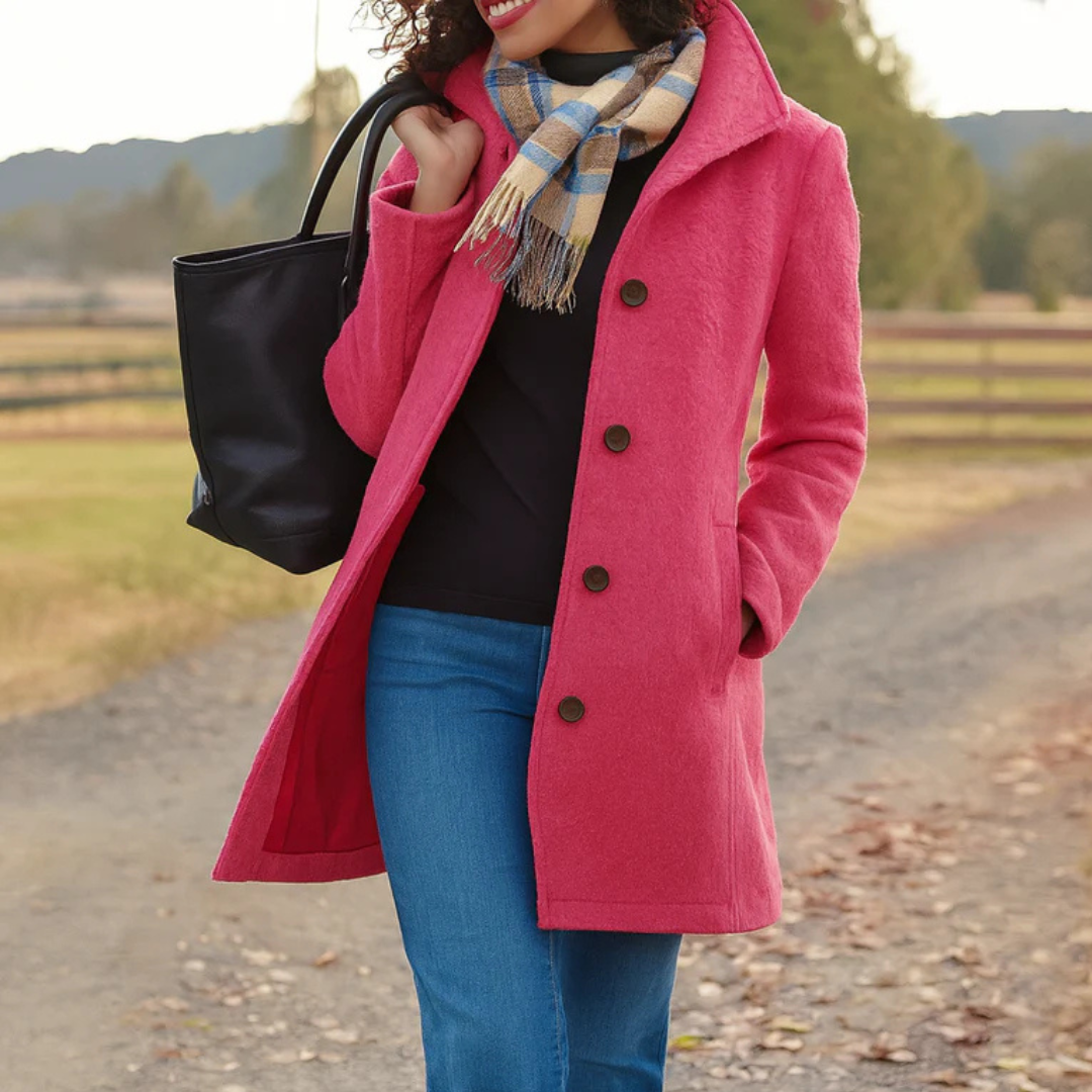Fuchsia button-front longline winter coat worn with jeans