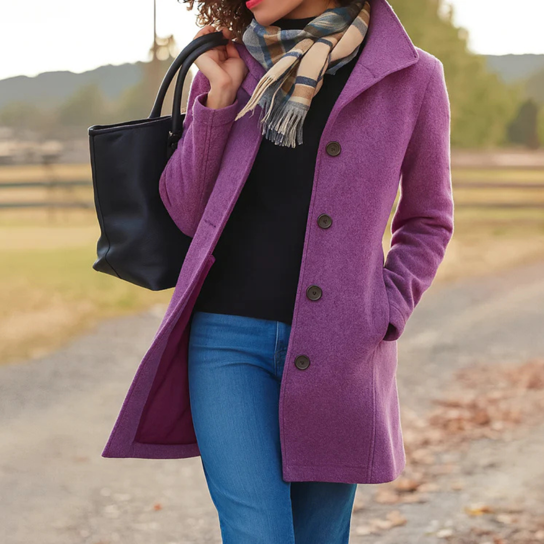 Orchid button-front longline winter coat worn with jeans
