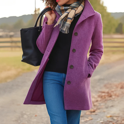 Orchid button-front longline winter coat worn with jeans