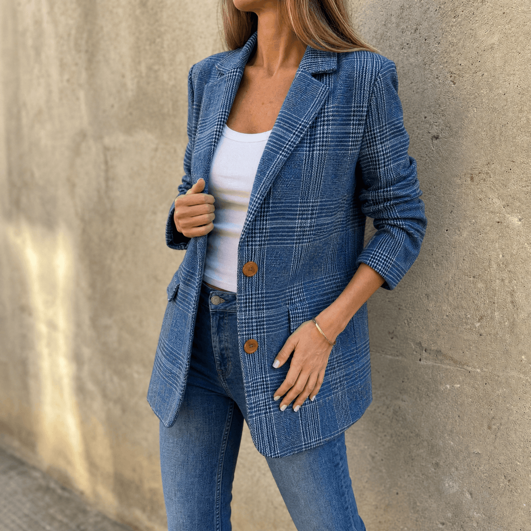 Blue glen plaid blazer with notch lapels and roll sleeves