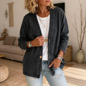 Collarless Denim Look Cardigan