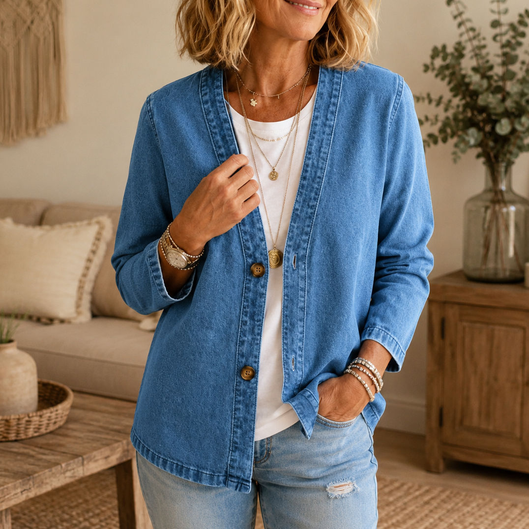 Mid blue collarless denim cardigan with wooden buttons