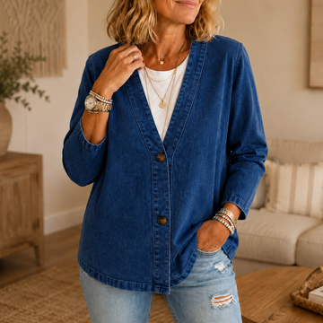 Collarless Denim Look Cardigan