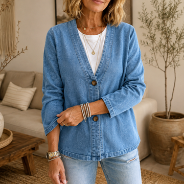 Collarless Denim Look Cardigan