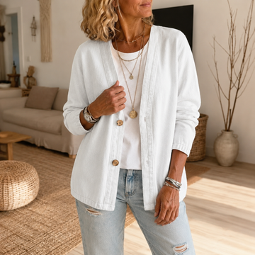 Collarless Denim Look Cardigan