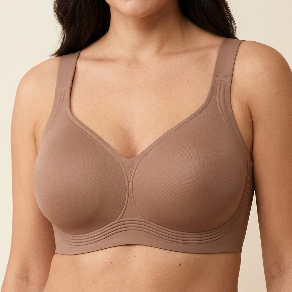 Tan wireless bra with wide straps and a smooth moulded cup
