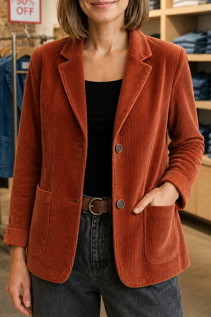 Rust corduroy blazer with patch pockets and notch lapels
