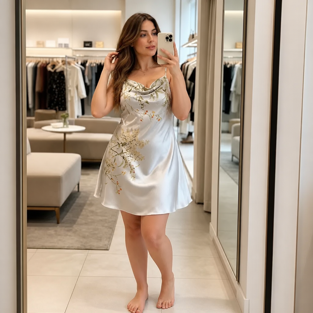 Woman in a dressing room in the silver floral satin slip dress