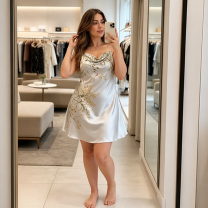 Woman in a dressing room in the silver floral satin slip dress
