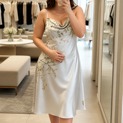 Woman at a dressing room mirror in the satin slip dress