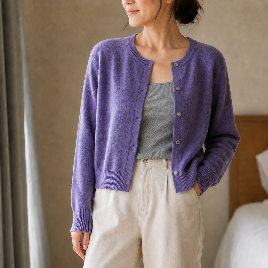 Lilac cropped brushed knit cardigan with pearl buttons