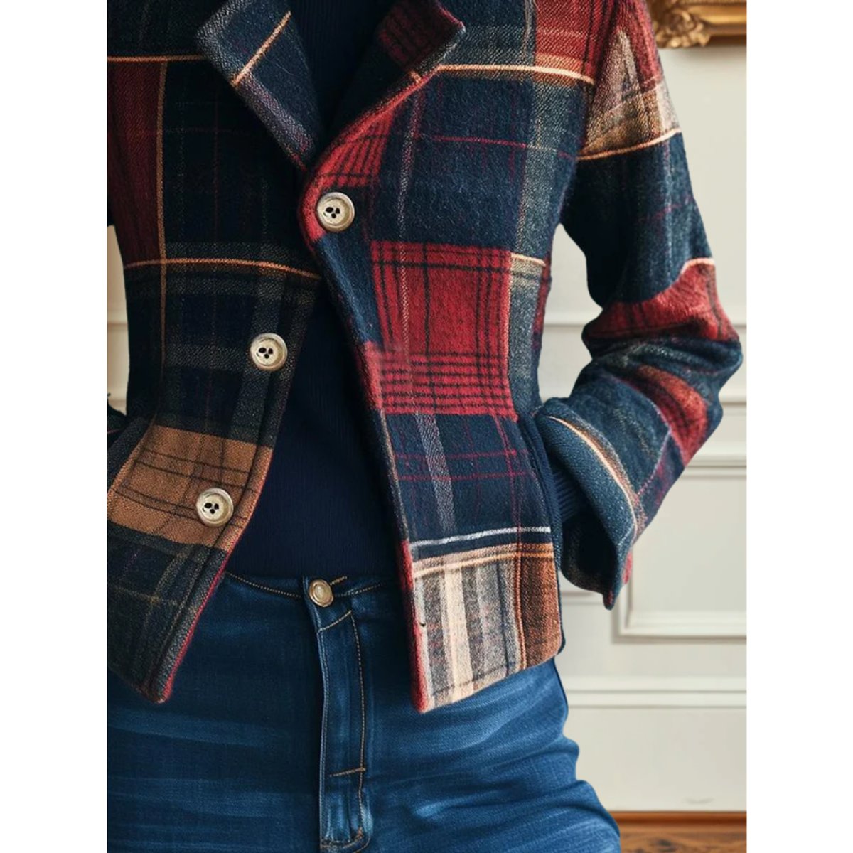 Side view of the cropped plaid patchwork jacket over jeans