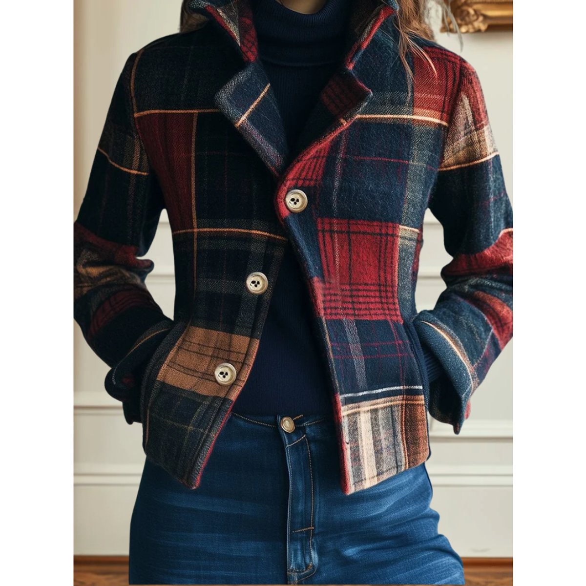 Cropped plaid patchwork jacket in navy, red and camel