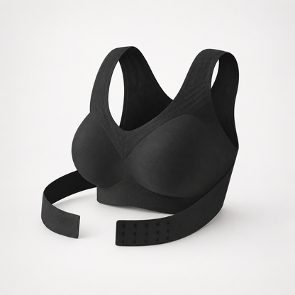 Black front-close wireless bra with cross-back straps on a plain backdrop