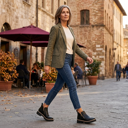 Woman walking a cobbled street in black zip ankle boots with jeans and a green blazer