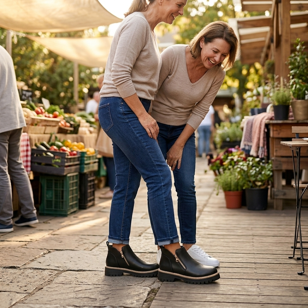 Two women at an outdoor market, one wearing black side zip ankle boots with a lug sole and jeans