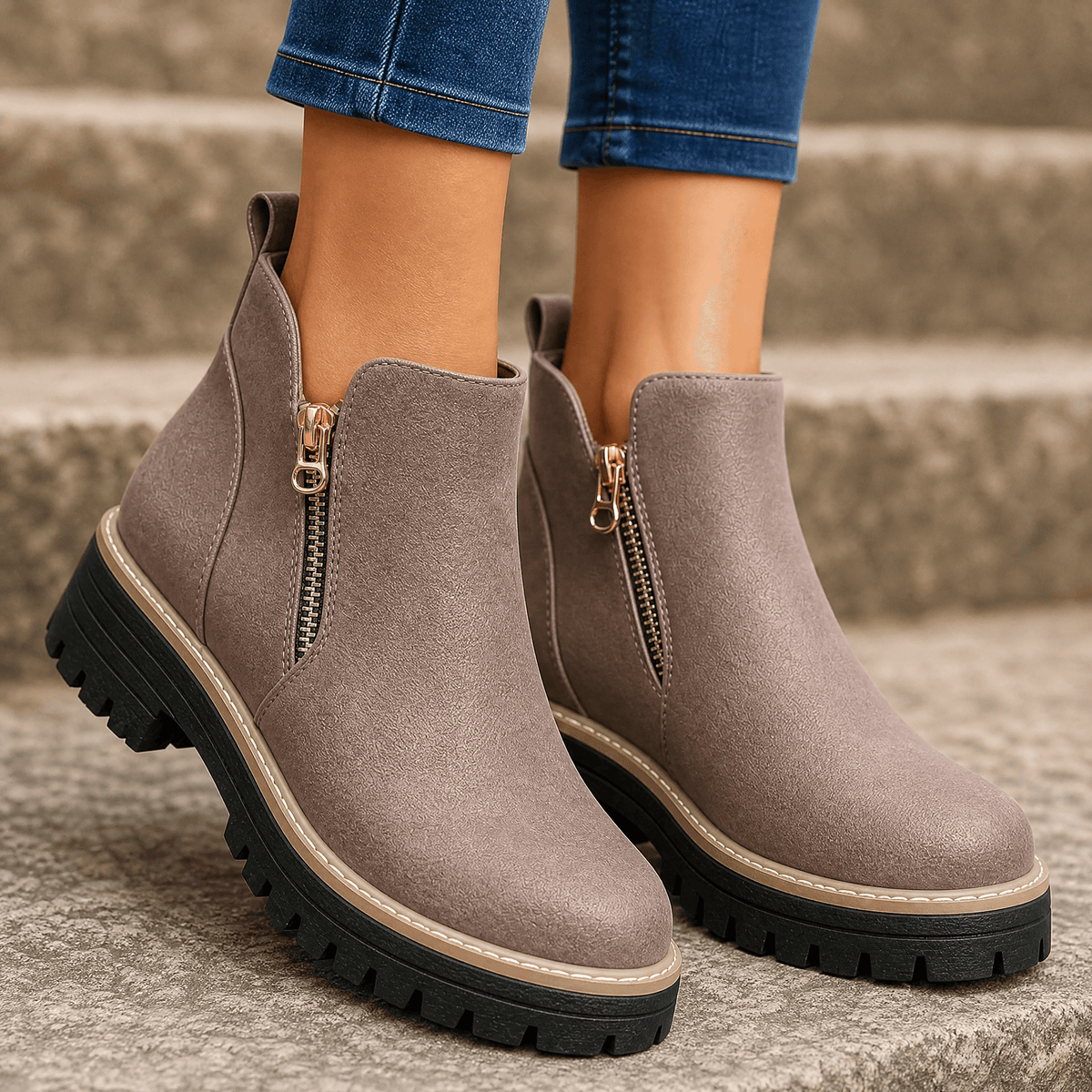 Taupe suede platform ankle boots with gold side zips and chunky lug soles, worn with jeans