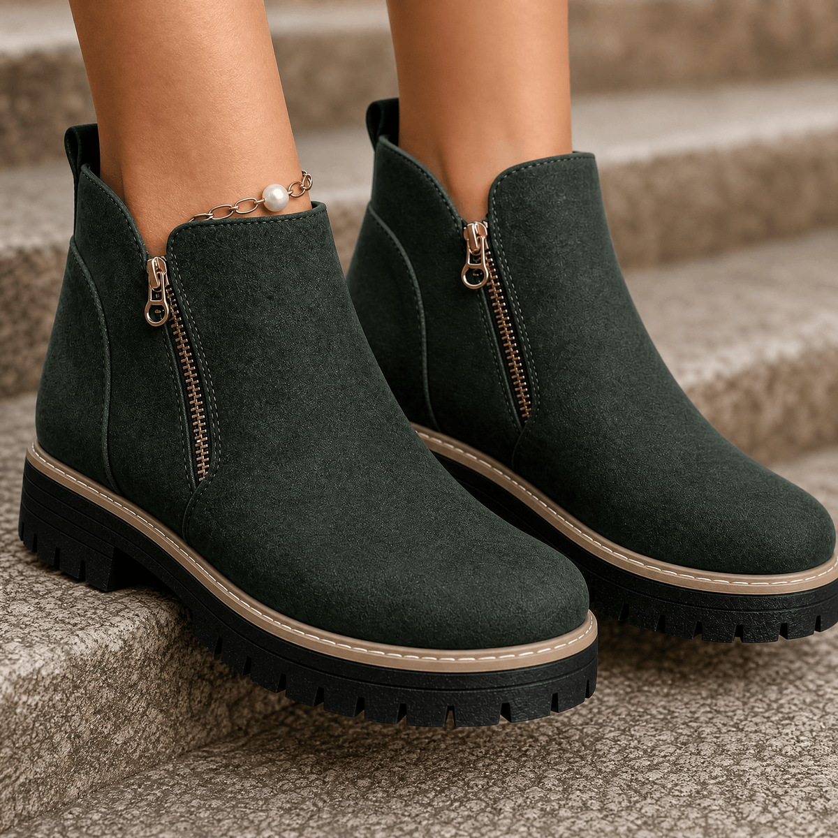 Dark green suede platform ankle boots with gold side zips and lug soles, worn on stone steps
