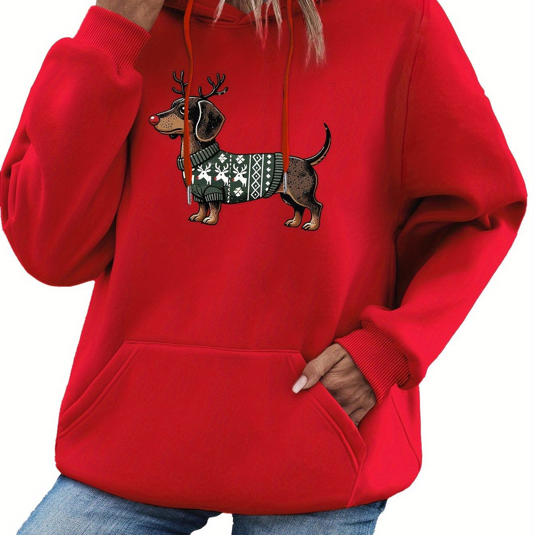 Red drawstring hoodie with a dachshund in a knitted Christmas sweater print