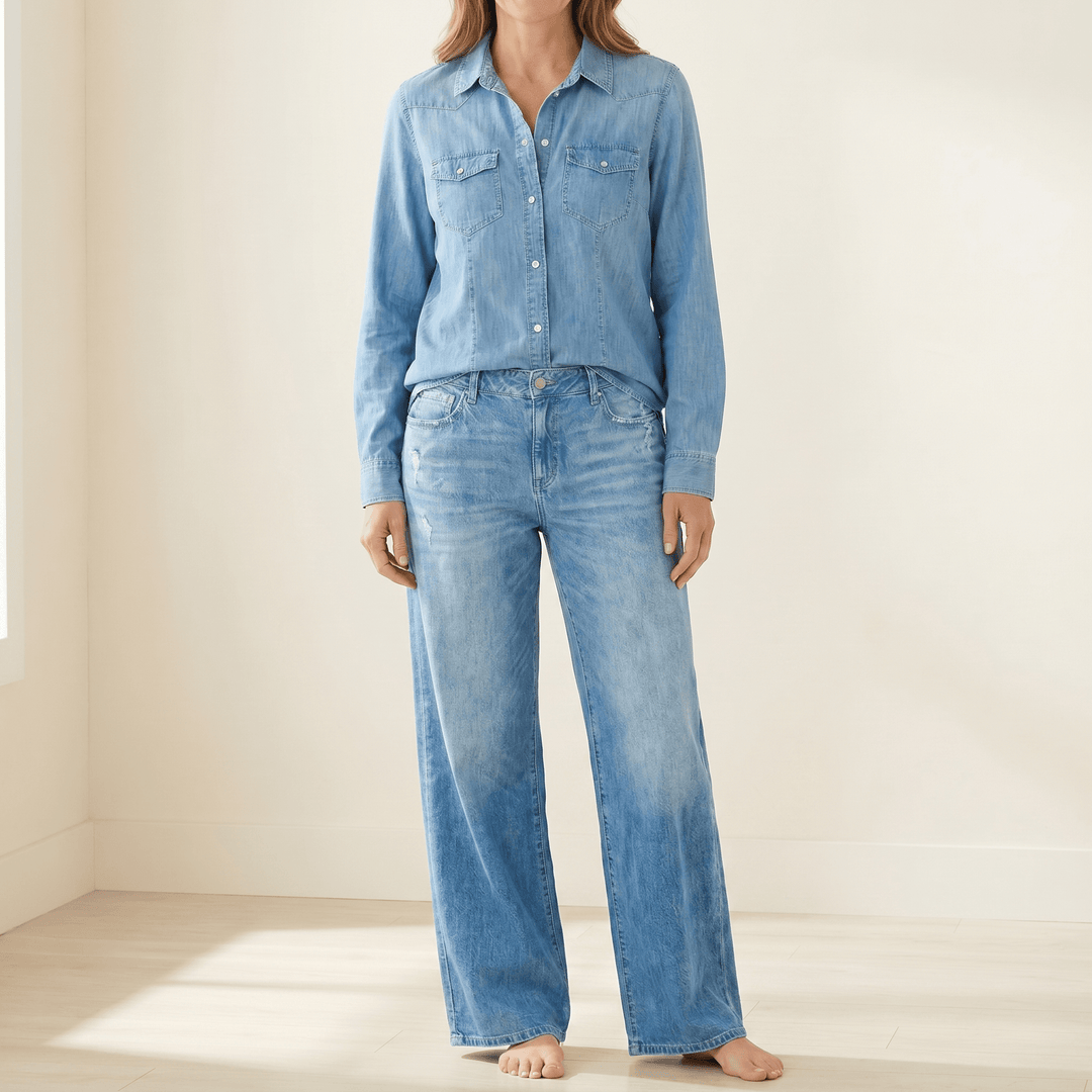 Blue denim look shirt and wide leg pants set, full length front view