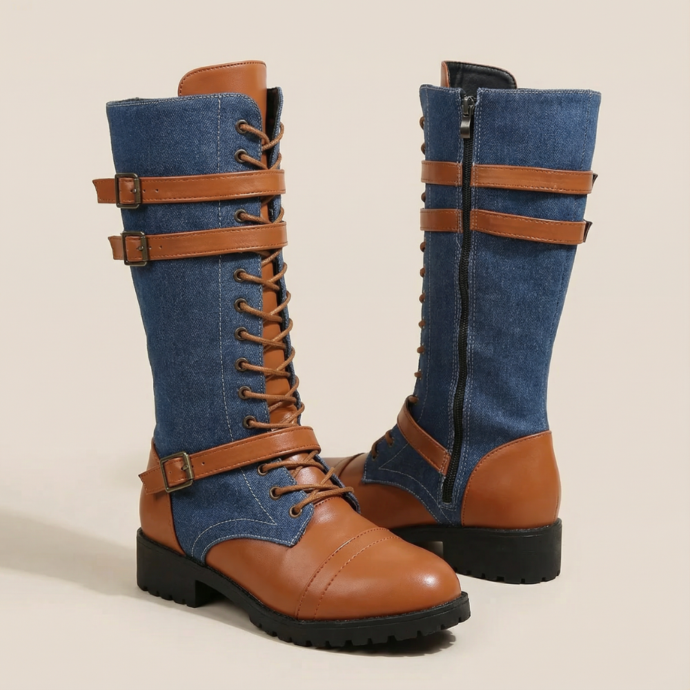 Denim and tan leather mid calf riding boots with buckle straps