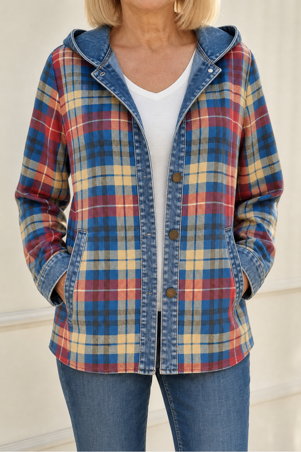 Blue and red plaid hooded cardigan with denim trim and pockets