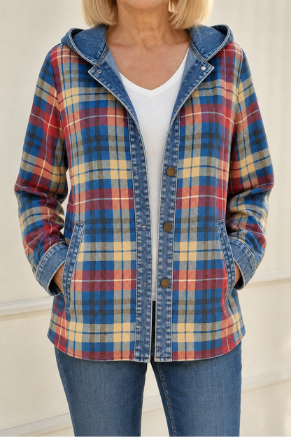 Blue and red plaid hooded cardigan with denim trim and pockets